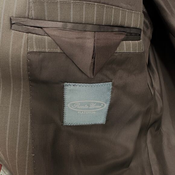 Pronto Uomo Wool Suit Blazer Mens 44S Brown Pinstriped Vented Back Shoulder Pads - Picture 6 of 11